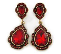 Vintage Inspired Ruby Red Glass/Crystal Bead Teardrop Earrings/Aged Gold Tone/ 50mm L