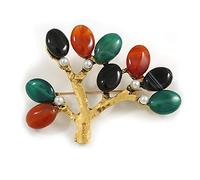 Vintage Inspired Semiprecious Agate Stone, Faux Pearl Tree Brooch In Aged Gold Tone - 65mm Across