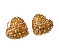 Vintage-Inspired Woven Heart Pearl Stud Earrings for Women, Gold-Tone Puffed Heart Statement Earrings, Romantic Fashion & Gift Jewelry