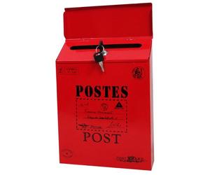 Vintage Iron Wall Mount Mailbox, 12x9x2 Inch Locking Mail Holder, Weatherproof Small Mailbox for Outside, Home, Garden, Secure Letter Box, Red