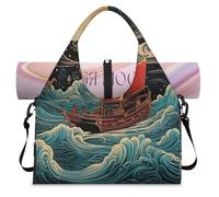 Vintage Japan Oceans Ship Sports Duffle Bag with Shoe Compartment Weekend Overnight Bags Tote Cabin Luggage Bag for Gym Yoga Travel