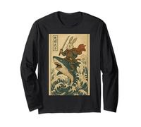 Vintage Japanese Anime Bunny Rabbit Samurai Riding Shark Long Sleeve T-Shirt
