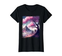 Vintage Japanese Art Sakura Tree Cherry Blossom Flower Tee T-Shirt, Women, Black, X-Large