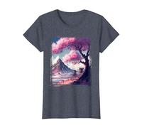 Vintage Japanese Art Sakura Tree Cherry Blossom Flower Tee T-Shirt, Women, Heather Blue, Large
