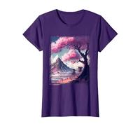 Vintage Japanese Art Sakura Tree Cherry Blossom Flower Tee T-Shirt, Women, Purple, Small