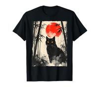 Vintage Japanese Black Cat Bamboo Red Sun Aesthetic T-Shirt