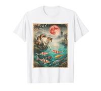 Vintage Japanese Calico Cat Koi Pond Red Moon Cherry Blossom Value Graphic T-Shirt, Men, White, S