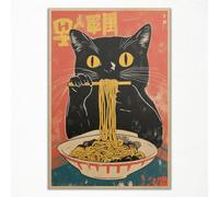 Vintage Japanese Cat Canvas Wall Art, Quirky Black Cat Eating Ramen Poster, Retro Funny Animal Food Art Print, Unique Kitchen Dining Room Wall Decor, Noodle Lover Gift 12x16in Unframed