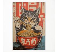 Vintage Japanese Cat Canvas Wall Art, Quirky Black Cat Eating Ramen Poster, Retro Funny Animal Food Art Print, Unique Kitchen Dining Room Wall Decor, Noodle Lover Gift 24x36in Unframed