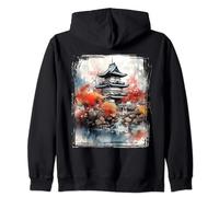 Vintage Japanese Flower Tee Mountain View Landscape Graphic Zip Hoodie