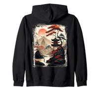 Vintage Japanese Flower Tee Mountain View Landscape Graphic Zip Hoodie