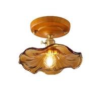 Vintage Japanese Ruffled Glass Semi Flush Mount Ceiling Light Nordic Retro Artistic Solid Wood Brass Lamp Indoor Home Decor Fixture for Entryway Hallway Bedroom(Green)/Amber