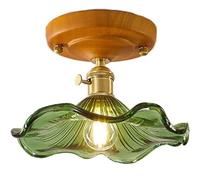 Vintage Japanese Ruffled Glass Semi Flush Mount Ceiling Light Nordic Retro Artistic Solid Wood Brass Lamp Indoor Home Decor Fixture for Entryway Hallway Bedroom(Green)/Green