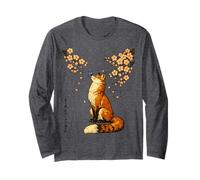 Vintage Japanese Sakura Red Kitsune Fox with Butterfly Haiku Long Sleeve T-Shirt