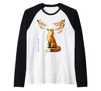 Vintage Japanese Sakura Red Kitsune Fox with Butterfly Haiku Raglan Baseball Tee