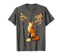 Vintage Japanese Sakura Red Kitsune Fox with Butterfly Haiku T-Shirt