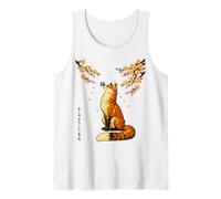 Vintage Japanese Sakura Red Kitsune Fox with Butterfly Haiku Tank Top