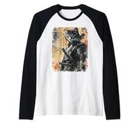 Vintage Japanese Samurai Black Cat Raglan Baseball Tee