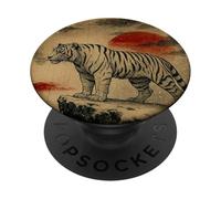 Vintage Japanese White Tiger and Samurai Sunset Woodblock PopSockets Adhesive PopGrip