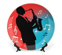 Vintage Jazz Poster Bone China Decorative Plate with Display Stand, 10inch Porcelain Wall Hanging Plate for Home Office Decor, Elegant Round Ceramic Plates for Home Decor & Gift Idea