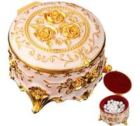 Vintage Jewelry Box Round Jewelry Metal Box Rococo Cute with Rose Pattern Small Trinket Organizer Storage for Rings, Earrings, Necklaces Gift for Girl Rose Gold Vintage Jewel