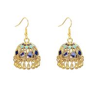 Vintage Jhumka Earrings - Indian Bell Design & Colourful Enamel, Bohemian Beaded Tassel Dangle Drop with Fish Hook, Hypoallergenic Fashion Trendy Traditional Jewellery for Women (Blue)