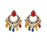 Vintage Jhumka Teardrop CZ Stud Drop Earrings - Bohemian Beaded Chandelier Tassel Dangle with Rhinestone & Enamel Detailing - Antique Gold Plated Indian Jewellery Gift for Women Girls (Colourful)