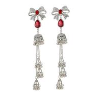 Vintage Jhumkas Bow Earrings for Women Bohemian Handmade Ethnic Antique Traditional Silver Crystal Bowknot Indian Jhumki Jewelry Micro Earring Bell Long Tassel Drop Hanging Pendientes, S, Metal, Cubic