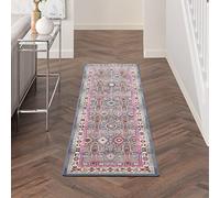 Vintage Kashan VKA05 Traditional Runner Rug for Hallway Living Room Kitchen Bedroom Geometric Distressed Border Grey Multi Coloured Hall Rug Long 71x244 cm (2'4''x8')