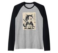 Vintage Kawaii Samurai Ninja Cat Japanese Anime Aesthetic Raglan Baseball Tee