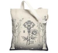 Vintage Key And Rose Botanical Ornate Canvas Tote Bag 13x15 Inch | Classical Columns, Rose Vines, Line Art Illustration, Scholarly Gothic Aesthetic, Mystical Botanical Theme