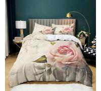 Vintage King Cover Double Shabby chic rose flower Bedding Sets Printed Soft Microfiber Quilt Cover 230x220 cm and 2 Pillowcases 50x75 cm with Zipper Closure for Teens and Adults