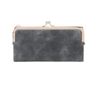 Vintage Kiss Lock Long Women's Wallet Solid Color Zipper Minimalism Double Fold Large Capacity Handbag for Commute(Gray)