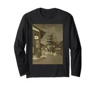 Vintage Kyoto Pagoda Night Street Scene Japanese Sepia Long Sleeve T-Shirt