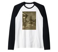 Vintage Kyoto Pagoda Night Street Scene Japanese Sepia Raglan Baseball Tee