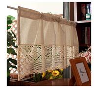 Vintage Lace Curtain - Country House Style Short Panel Beige Linen Bistro Curtain with Crochet Trim Romantic Home Decor 200x90 cm - 1 Piece