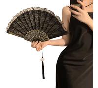 Vintage Lace Tassel Hand Fan, Feather Folding Fan, Black/White for fancy dress parties and proms! (Black)