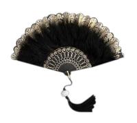 Vintage Lace Tassel Hand Fan, Feather Folding Fan, Black/White for fancy dress parties and proms! (Black-plume)