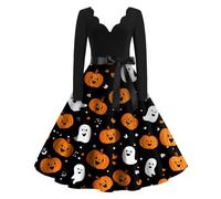 Vintage Ladies Dresses Halloween Funny or Terrifier Pumpkin Ghost Devil Spider A Line V Neck Long Sleeve Swing Dress with Bow Elegant Cocktail Party Outfit Evening Witch Dress