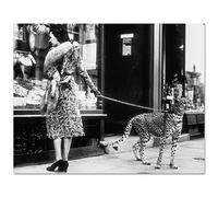 Vintage Lady and Cheetah Leopard on A Leash Print Poster Animal Photo Black and White Canvas Painting Wall Art Decor 30x45cm(12x18in) Frameless
