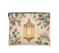 Vintage Lantern Makeup Bag, Holiday Floral Cosmetic Travel Pouch for Women, Portable Small Canvas Zipper Organizer, Winter Skincare Toiletry Bag, Green, 7x9 Inch, Lantern