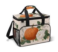 Vintage Large Orange Pumpkin White Rose Camping Cooler Bag Insulated Beach Coolers Portable Leak Proof Bags with Shoulder Strap