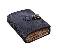 Vintage Leather Journal with Semi Precious Stone Black Triple Moon Design 200 pages Antique Deckle Edge Paper - Book of Shadows, Grimoire Journal, for Men and Women - 8" x 6"