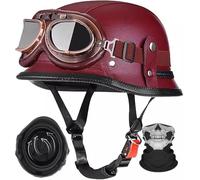 Vintage Leather Motorbike Half Helmet,Motocross Helmet German Style Half Helmet Skull Cap, ECE 22.06 Approved for Motorbike Scooter Chopper Moped Scooters, with Goggles Gloves B4, XXL=61-62CM