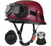 Vintage Leather Motorbike Half Helmet,Motocross Helmet German Style Half Helmet Skull Cap, ECE 22.06 Approved for Motorbike Scooter Chopper Moped Scooters, with Goggles Gloves B6, XL=59-60CM