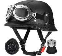 Vintage Leather Motorbike Half Helmet,Motocross Helmet German Style Half Helmet Skull Cap, ECE 22.06 Approved for Motorbike Scooter Chopper Moped Scooters, with Goggles Gloves B3,M=55-56CM