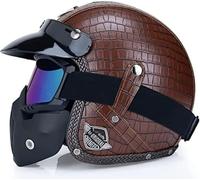 Vintage Leather Open Face Motorbike Helmet with Face Mask Goggles, ECE 22.06 Certified 3/4 Jet Crash Lid for Scooter Moped Cruiser Bobber Cafe Racer Men Women 3,M/(57~58cm)