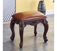 Vintage Leather Ottoman Foot Stool Carved Wooden Piano Bench Small Upholstered Footrest for Living Room Entryway Couch Stylish Home Decor Accent
