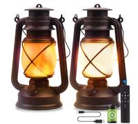 Vintage LED Battery Powered Camping Lamp - Outdoor Hanging Lantern with Flickering Flame, Rechargeable, Remote Control, 4 Modes, Non-Solar, 2 Pack