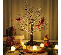Vintage LED Glowing Tree with Red Bird,Lighted Tabletop Decor with Red Birds & Berries, Twinkle Branch Trees for Christmas, Halloween, Home & Office Centerpiece (1pc)